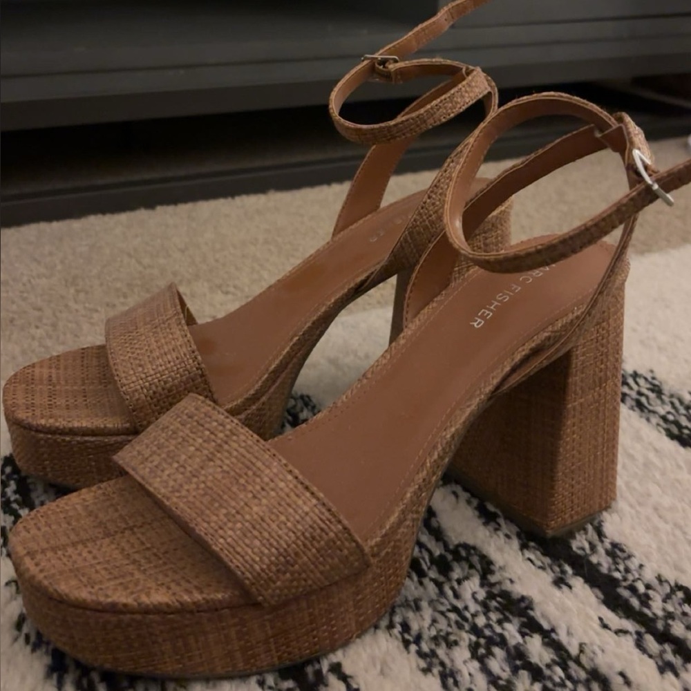 Marc Fisher Tan Woven Platform Block Heel Sandals